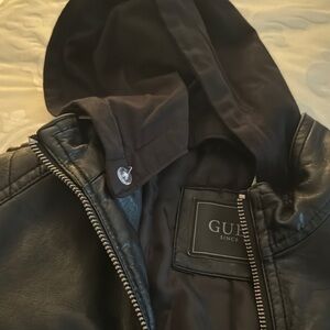 Guess Black Leather Hooded Jacket